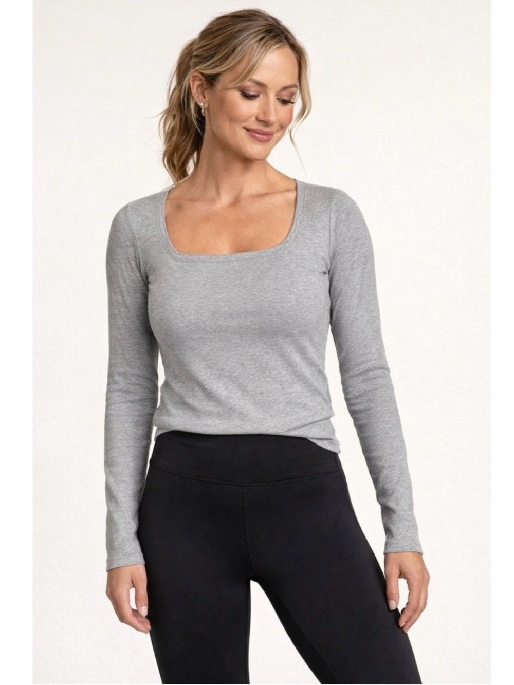 Athleta Signature Rib Square Neck Gray Long Sleeve Top Size: XS